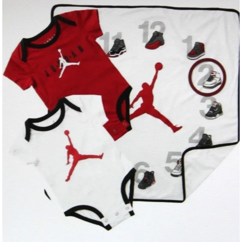 Nike Air Jordan First Year Baby 3 Piece Bodysuit Blanket Set Infant Outfit Gift